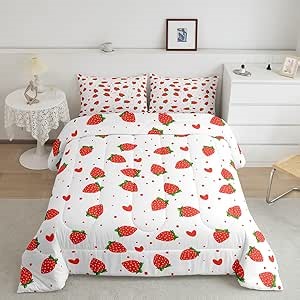 Feelyou Strawberry Bedding Set Full Size Kids Sweet Strawberry Comforter for Boys Girls Strawberry Pattern Comforter Set Fresh Fruit Quilt Set 3Pcs