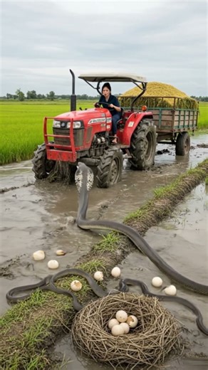 Wow a woman drives a tractor stuck with tree stump a big snake appear in rice field 😨😨 #viralvideos