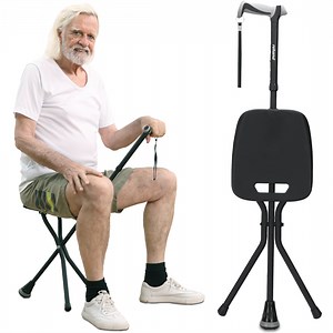 [Hot Item] Folding Cane Stool Handy Crutch Chair Seat 3 Legs Height Adjustable Thick Aluminum Telescopic Medical Walking Stick Crutch Cane Seat