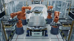 Time-lapse of EV Battery Pack for Automotive Industry Assembled on Production Line with Orange Robotic Arms. Battery Automated Manufacturing Line Equipped with Robot Arms. Electric Car Smart Factory Stock Video