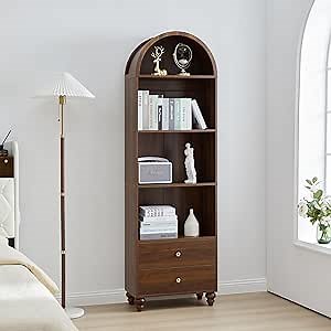 NVETHM 75.59" Tall Bookcase, 4 Tier Arched Bookshelf with 2 Drawers, Modern Book Display Storage Cabinet for Living Room, Bedroom, Reading Room, Home Office (Walnut)