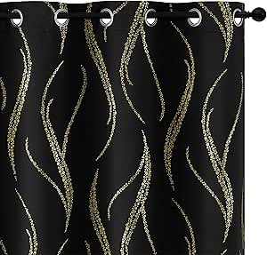 Yakamok Blackout Curtains for Livingroom - Wave Line with Dots Gold Print Design Noise Reducing Thermal Insulated Solid Ring Top Blackout Window Drapes for Livingroom (2 Panels, 52 x 84 Inch, Black)