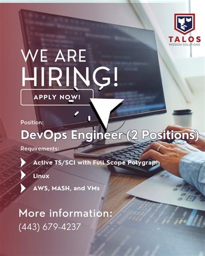 🚨 Hiring DevOps Engineer! Support NSA modernization efforts deploying apps, managing Linux servers, AWS, Docker, Terraform & Ansible scripting. Must join rotating 24/7 emergency pager schedule. Multiple positions ✅ Position 1 - Up to 1 day/week telework ✅ Position 2 - Up to 1-2 days/week telework Ready to troubleshoot & innovate? Apply now! https://talosmissionsolutions.com/job/ts-sci-fsp-roles/ #DevOpsJobs #TopSecretClearance #Linux #TechCareers | Talos Mission Solutions Inc