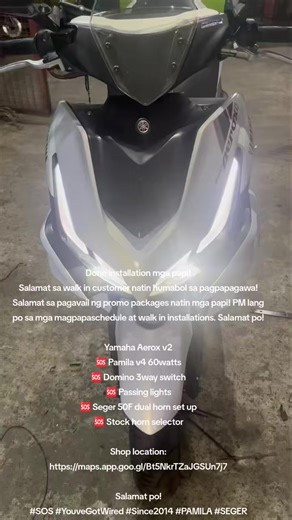 Done installation mga papi! Salamat sa walk in customer natin humabol sa pagpapagawa! Salamat sa pagavail ng promo packages natin mga papi! PM lang po sa mga magpapaschedule at walk in installations. Salamat po! Yamaha Aerox v2 🆘️ Pamila v4 60watts 🆘️ Domino 3way switch 🆘️ Passing lights 🆘️ Seger 50F dual horn set up 🆘️ Stock horn selector Shop location: https://maps.app.goo.gl/Bt5NkrTZaJGSUn7j7 Salamat po! #SOS #YouveGotWired #Since2014 #PAMILA #SEGER