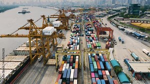 Container Shipping Port of Bangkok: Thailand's Thriving Import-Export Hub, Seamlessly Connecting Sea and Land Shipping with Trucks, Container Rows, Stacks, and Massive Loader Ship Vessel