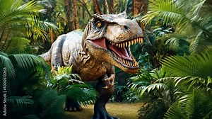 A Tyrannosaurus Rex stands tall in a lush, green jungle, its sharp teeth bared in a menacing growl