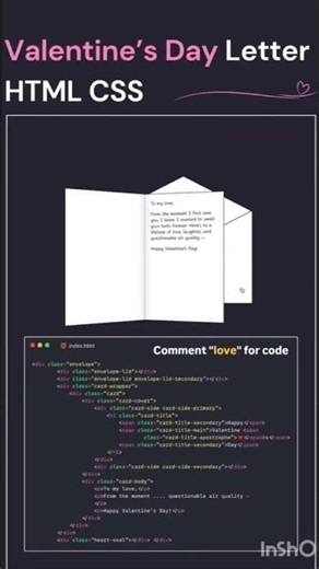 valentine's day letter using HTML css #code #html #html5 #css #css3 #java #javascript #php #vscode