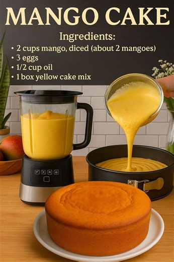 --- Mango Cake – Easy Recipe Ingredients Guaranteed): 2 cups fresh mango puree (from ripe mangoes) 3 large eggs 1/2 cup vegetable oil (sunflower or corn oil – halal) 1 cup sugar 1 ½ cups all-purpose flour 2 tsp baking powder 1 tsp vanilla extract (alcohol-free / powder vanilla or halal vanilla) Pinch of salt --- Instructions: 1. Prepare the Mango Puree Peel and dice the mangoes, then blend until completely smooth. 2. Mix Wet Ingredients In a bowl, whisk together: mango puree eggs oil vanilla unt