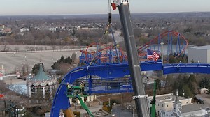 🚨 Construction update! The final piece of the lift hill on Wrath of Rakshasa was placed, showcasing the beyond-vertical 96 degree drop! Getting closer to diving into 2025! 🎢 (📸: SkyHigh Coasters LLC.) | Six Flags Great America/Hurricane Harbor