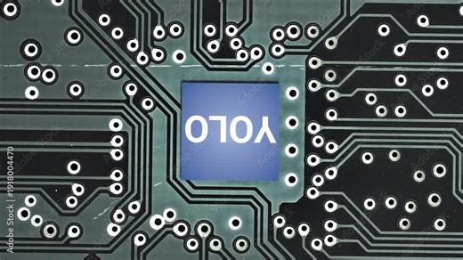 You Only Look Once processor rotating on a circuit board, representing the concepts of AI, deep learning, computer vision, real time object detection, and advanced technological innovation