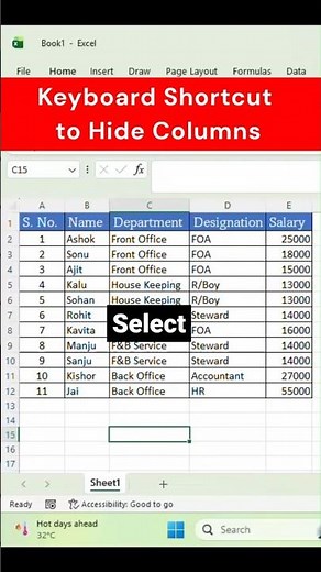 Keyboard Shortcut to Hide Columns in Excel #shorts #excel
