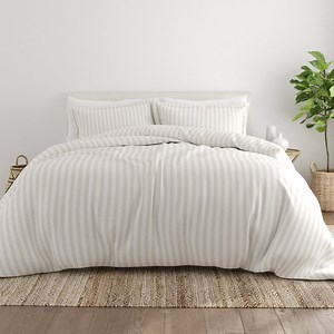 Noble Linens Ivory Puffed Rugged Stripes 3-Piece Duvet Cover Set, King/Cal King