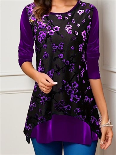 Women's Blouse Sequin Tops Floral Graphic Vintage Stylish Long Sleeve Crew Neck Regular Tops Daily Holiday Going out Sequins Print Yellow Red Purple Fall Winter 2025