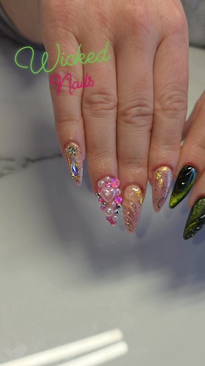 Wicked nails done by Nicole McKee #wicked #wickednails #nailart #yorkpanails #nailcontent #nailsofinstagram #newnails #yorkpa #nails #nailtech #pinknails #greennails #blingnails #cateyenails #glitter #glinda #elphaba | Bad Witches Nail Bar
