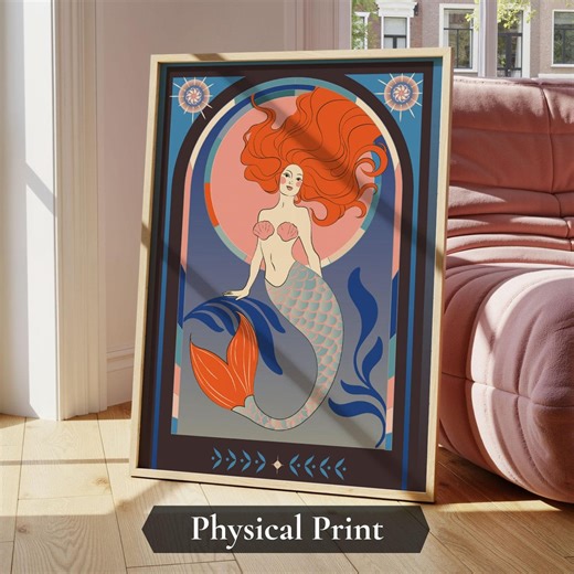 Art Deco Mermaid Print, Celestial Ocean Goddess Illustration - Etsy