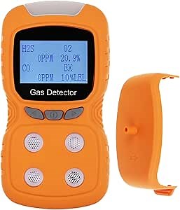 Portable 4 Gas Monitor Multi Gas Detector Meter for H2S CO O2 EX, Rechargeable Natural Gas Detector Gas Sniffer Clip-On with Visual Vibration and Audible Alarms for Work and Home