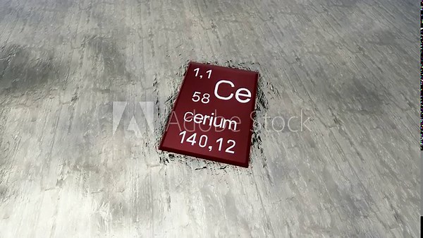 Cerium periodic table symbol on raw neodymium, a rare earth element, cerium periodic table symbol on the raw material cerium, a rare earth element. Critical raw materials. Artistic rendering.