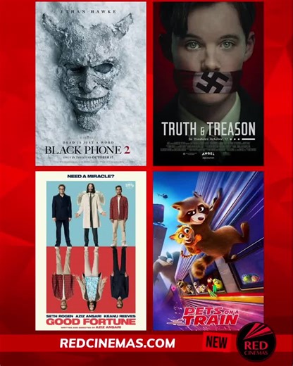 🎬 Now Playing at RED Cinemas: something for everyone! Ready to fill your weekend with action, laughs, and suspense? Check out these brand-new releases: 🖤 The Black Phone 2 – The Grabber is back and more terrifying than ever. ⚖️ Truth & Treason – Power, politics, and the price of secrets. 💰 Good Fortune – A comedy about money, karma, and everything in between. 🐾 Pets on a Train – All aboard for a wild animated adventure! 📍Catch them all at RED Cinemas – Midtown Greensboro’s local movie desti