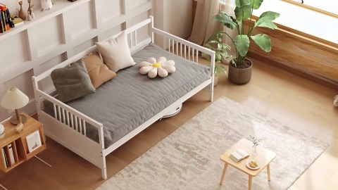 Giantex Twin Daybed Frame, Wooden Sofa Bed Guest Bed with Rails & Wood Slat Support, Dual-use Twin Size Platform Bed Frame for Living Room Bedroom, No Box Spring Needed, Cherry