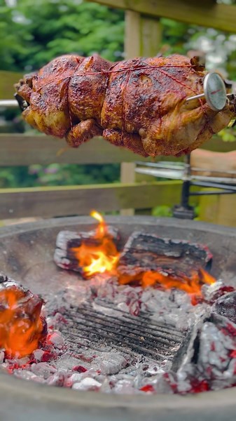 Spit Roasted Chicken Over Open Fire