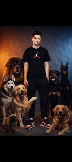 Prompt: Create a hyperrealistic portrait based on the attached image, maintaining 100% identical facial features. A powerful cinematic portrait of my standing photo in the center, wearing a black Air Jordan t-shirt, black joggers, and red and white Jordan sneakers. He is surrounded by a group of dogs of different breeds: a giant Tibetan Mastiff, a Husky, a Rottweiler, two Golden Retrievers (one with its paw resting on his leg), a Doberman, and a small French Bulldog puppy near his feet. The back