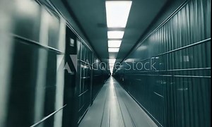 Dark prison corridor interior with rows of cells lit by ceiling lights