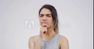 Confused, studio face or woman thinking, planning and doubt solution idea, problem solving plan and pensive decision. Portrait, decide or Arab person brainstorming option isolated on white background