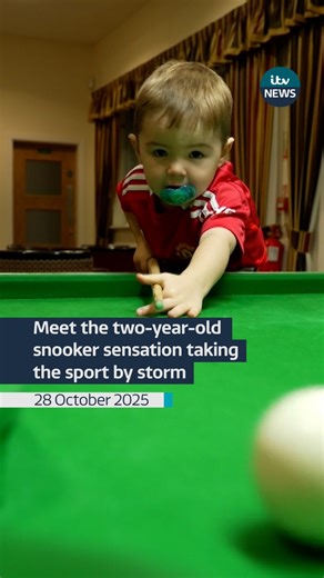 A snooker-loving toddler who is potting balls already is racking up thousands of views on social media. Two-year-old Jude has been showing off his skills in TikTok videos posted by his proud father Luke. Jude, from Manchester, brings along his cue, dummy and a special stool to help him reach the table. #itvnews | Granada Reports