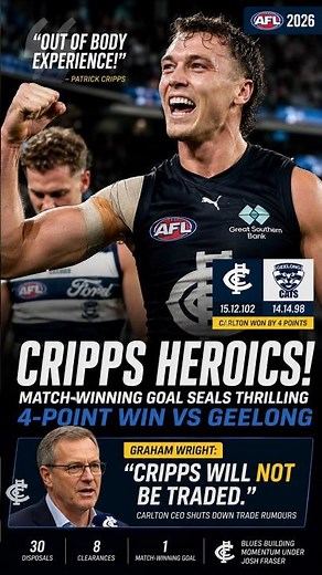 🔥 Patrick Cripps SHOCKS AFL World! Last-Second Heroics Sink Geelong 🏉#AFL #PatrickCripps #SportsNews