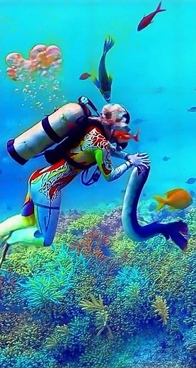 Dangerous Encounter Underwater: Diver and Moray Eel on a Coral Reef