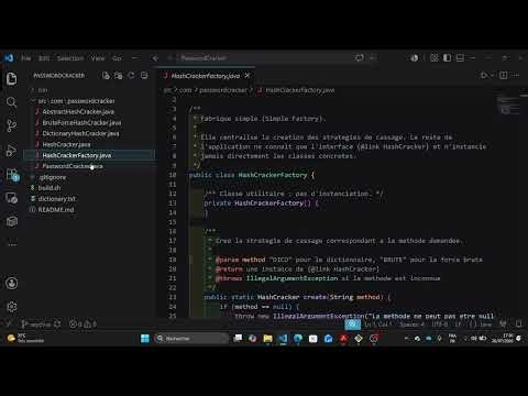 PasswordCracker v1 — Mise en œuvre du patron de conception Simple Factory (Java)