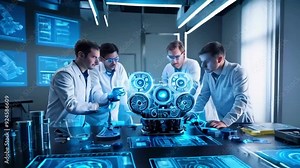 Four scientists in lab coats examine a futuristic holographic projection of a complex machine, surrounded by advanced technology.