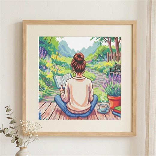 Girl Reading in the Garden Cross Stitch Pattern. Easy Beginner template. Instant Digital Download