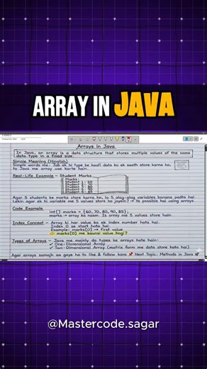 Sagar Rathod on Instagram: "📘 Chapter 5: Arrays in Java – Handwritten Notes Arrays help you store multiple values in a single variable and are a core part of Java programming 💻 📌 In this chapter, you’ll learn: ✔ What is an Array? ✔ Array declaration & initialization ✔ One-Dimensional Arrays ✔ Two-Dimensional Arrays ✔ Indexing & common mistakes ✔ Exam-oriented examples ✍️ These handwritten notes are • Simple & clean • Easy to revise • Perfect for exams & practice 👉 Save this post for revision