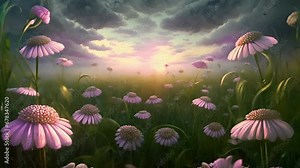 Magical Fantasy Wildflower Field with Changing Sunlight and Blowing Flowers. Looping. Animated Background / Wallpaper. VJ / Vtuber / Streamer Backdrop. Seamless Loop.