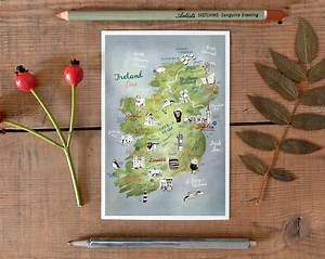 Ireland Postcard, Hand Drawn Map, Illustrated Postcard, Irish Art, Map Art, Road Trip Map, Going Away Gift, Éire Travel Map, Postcrossing - Etsy