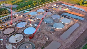 Construction of a huge agricultural grain silo facility is underway, and the concrete is poured, aerial view.