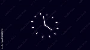 time-lapse of clock on dark blue background. Black clock icon with moving arrows in 12 hour loop. Stopwatch animation. 4K clock spinning, watch animation