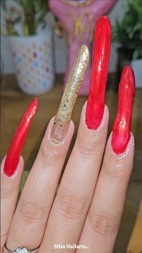 Beautiful Red and Golden Nailpaint on Super Long Nails✨️ Miss Nailarts🌸