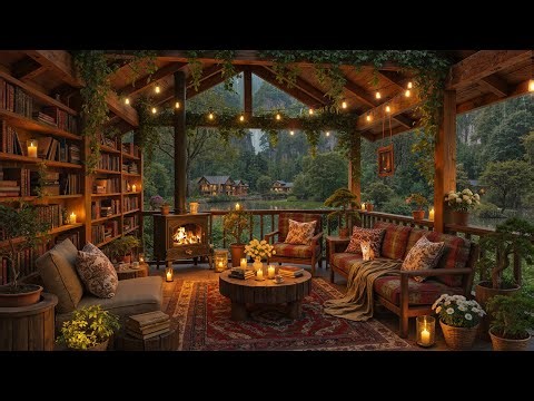 Cozy Spring Rain Porch Vibes | Soft Jazz Melody & Warmth Fireplace for Focused Work & Slow Sleep