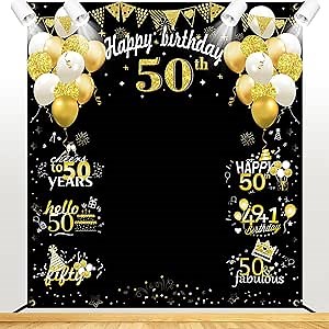 Large 50th Birthday Decorations, Big 50 Birthday Banner for Women Men, Black Gold Funny Fifty Years Bday Photo Booth Props Party Supplies for Outdoor Indoor