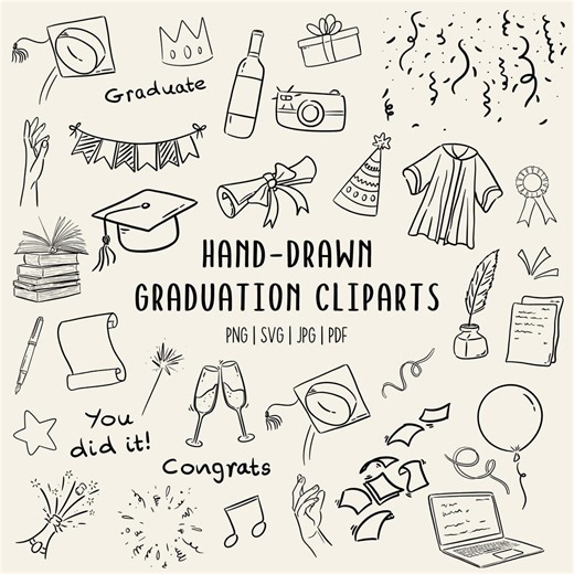 Hand Drawn Graduation Clipart Set | Caps, Diploma, Party Elements | PNG SVG PDF Commerical Use - Etsy