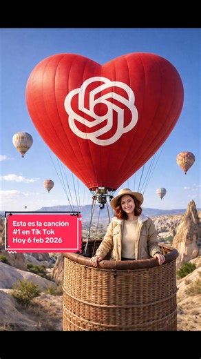 Usa esta canción para llegar a más personas Usa este prompt para hacer esta foto “A realistic, high-resolution vertical photo of a large red heart-shaped hot air balloon with a white GPT swirl logo in the center, flying over the stunning rocky landscape of Cappadocia, Turkey, during a clear blue sky day. A smiling woman, based on the user’s reference photo, is standing in the wicker basket wearing a stylish beige adventure outfit with a sweater, coat, and travel hat. Other colorful hot air ballo