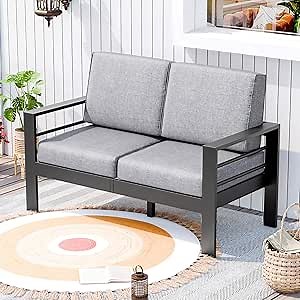 Restland Outdoor Aluminum Patio Loveseat Chair with Waterproof Cushions, 2 Seats Modern Metal Patio Conversation Furniture Sofa, Black Frame Gray Cushions (1 Loveseat)