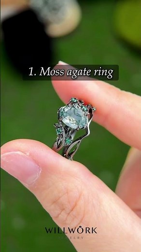 Black Gold Moss Agate Engagement Ring | Non-Traditional Nature-Inspired Ring Set by WillWork Jewelry