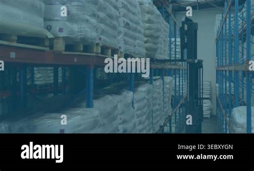 Forklift operator approaching racks, green glow appearing, AR icons floating, showing CO2 labels. Warehouse, pallets, aisle, machinery, hi-vis, augmented, glyphs Stock Video Footage - Alamy