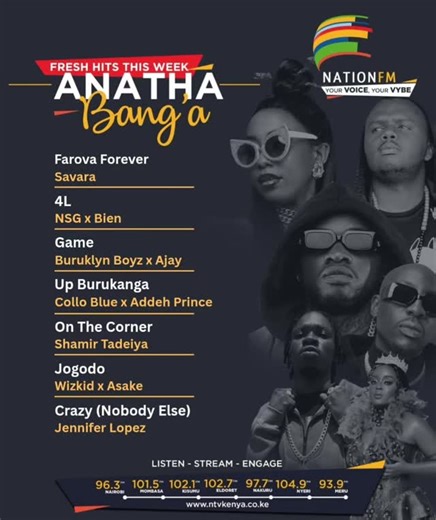 Fresh hits only! 🚀 This week’s Anatha Banga is stacked with new bangers from your favorite artists from @savarafrica @bienaimesol @nsg_music @burukyln_.boyz @shamirdeiya @colloblue_udc @wizkid and @jlo 🔥🎶 #AnathaBanga #FreshHits #YourVoiceYourVybe | Nation FM