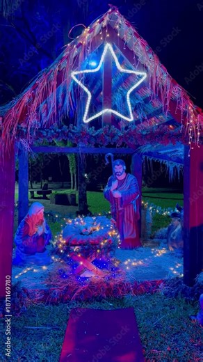 Illuminated Nativity scene at night. Christmas scene with figures representing the birth of the baby Jesus Christ in the manger.