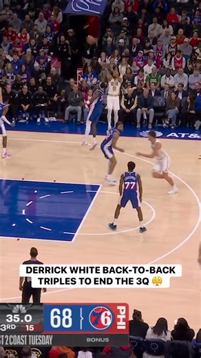 Derrick White KNOCKS DOWN back-to-back triples to close out the 3Q! 💥 🏀 BOS/PHI on NBC & Peacock 📺 Check your local listings 📲 https://www.nba.com/how-to-watch-game-redirect/0022500209?partnerRef=NBA&platform=Facebook&surface=Post | NBA