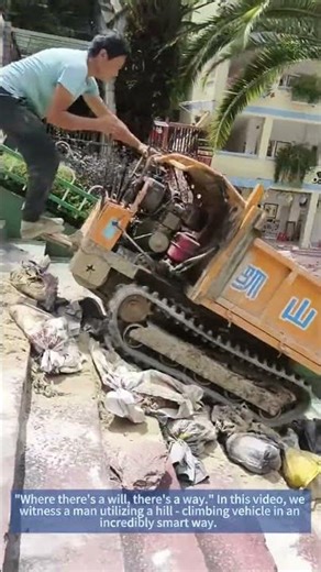 Man Uses Hill - Climbing Vehicle to Load Gravel on Truck via Stairs